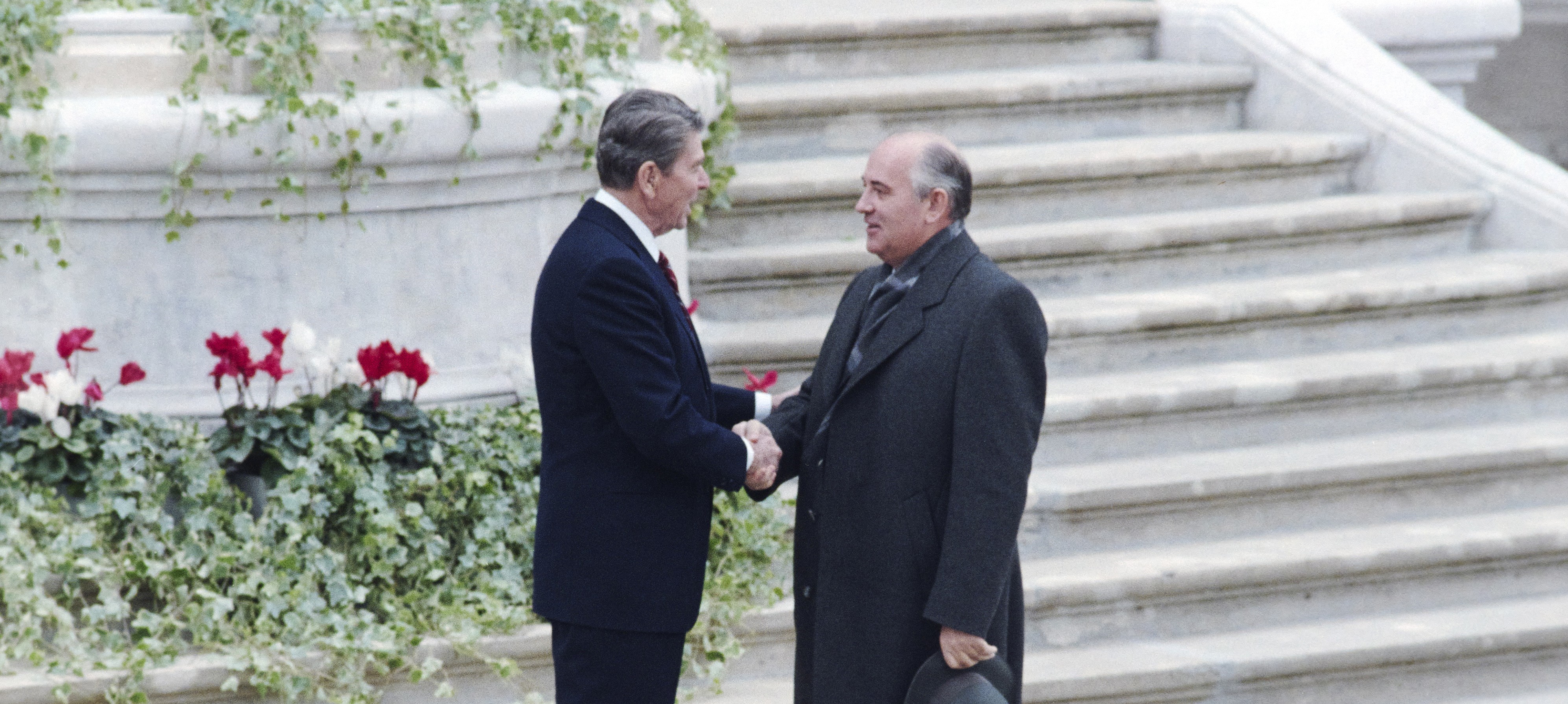 President Ronald Reagan and General Secretary of the Communist Party of the Soviet Union Mikhail Gorbachev shaking hands at Villa Fleur d’Eau in Geneva, Switzerland 11/19/1985