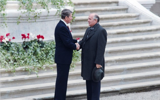 President Ronald Reagan and General Secretary of the Communist Party of the Soviet Union Mikhail Gorbachev shaking hands at Villa Fleur d’Eau in Geneva, Switzerland 11/19/1985