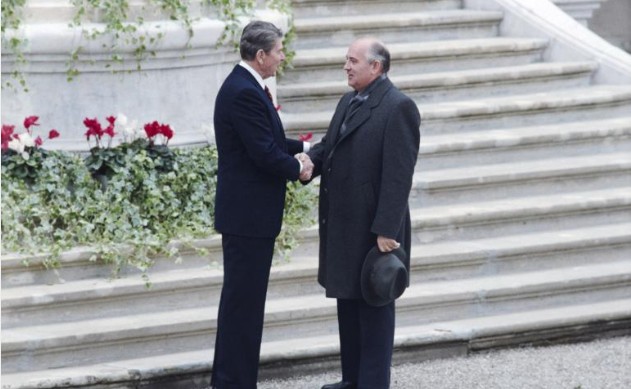 President Ronald Reagan and General Secretary of the Communist Party of the Soviet Union Mikhail Gorbachev shaking hands at Villa Fleur d’Eau in Geneva, Switzerland 11/19/1985