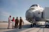 President Ronald Reagan and Nancy Reagan speaking with astronauts Captain Thomas Mattingly and Colonel Henry Hartsfield, Jr. as they disembarked from the Space Shuttle Columbia at Edwards Air Force Base in California 07/04/1982 C8961-36