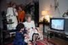  Nancy Reagan sitting watching television during a private dinner at the Jorgensen residence in Los Angeles, California 11/06/1984