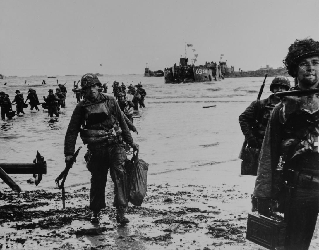Photograph of American Assault Troops Moving onto a Beachhead on the Northern Coast of France