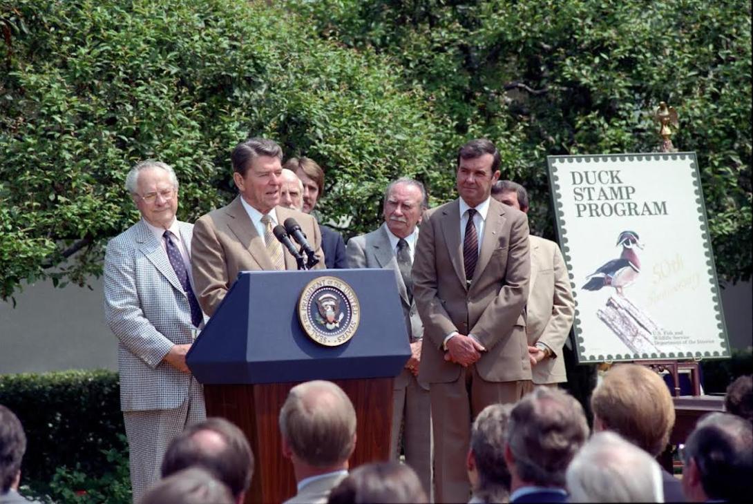President Ronald Reagan participating in a ceremony in honor of the 50th anniversary of the Duck Stamp 07/03/1984 