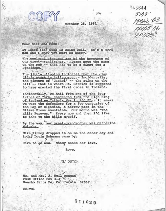 Letter, From: Dutch, To: Mr. and Mrs. J. Neil Reagan (Bess and Moon), dated 10/28/1981, Advance, Office of Presidential: Records OA 17071 Ireland: Correspondence re: Ballyporeen (Includes Photos) (2 of 2)